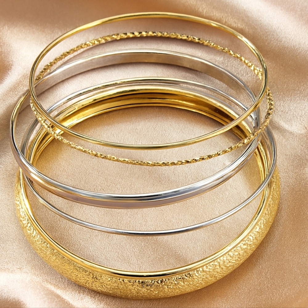 Set of 5 Textured Silver & Gold Tone Bangle Bracelets - Women's Fashion Jewelry